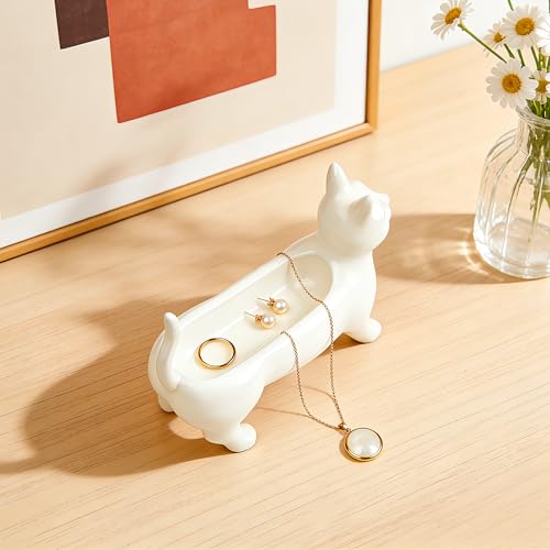 PUDDING CABIN Minimalist Ceramic Cat Ring Holder - Elegant White Jewelry Tray for Rings, Earrings & Necklaces, Unique Cat Lover Gifts for Women, Mom, Bestie, Cute Home Decor for Vanity & Nightstand - style: Siamese Jewelry Holder
