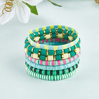 Ornaland 7Pcs Handmade Polymer Clay Heishi Surfer Stretch Bracelets Set Colorful Glass Beads Bracelets Boho Stackable Preppy Bracelets Wrist Jewelry for Women - color: Grass green