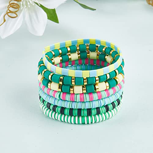Ornaland 7Pcs Handmade Polymer Clay Heishi Surfer Stretch Bracelets Set Colorful Glass Beads Bracelets Boho Stackable Preppy Bracelets Wrist Jewelry for Women - color: Grass green