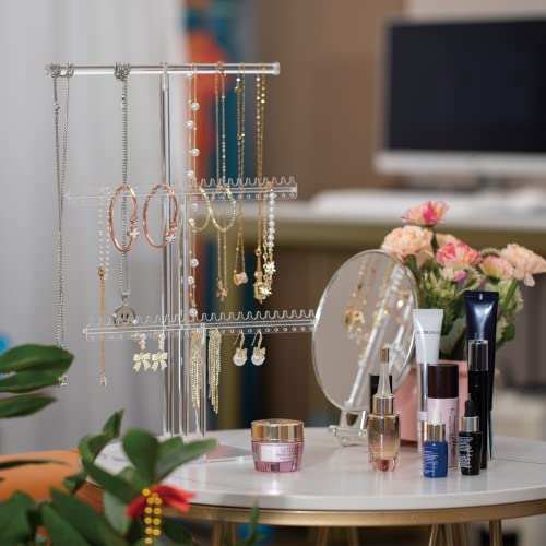 lengnoyp Premium Jewelry Stand, Earring Holder, Necklace Holder Stand, Clear 3-Tier Acrylic Large Storage Jewelry Organizer Stand & Bracelet/Bangles Stand, 48 Earring Holes Display Stands - size: 3-tier