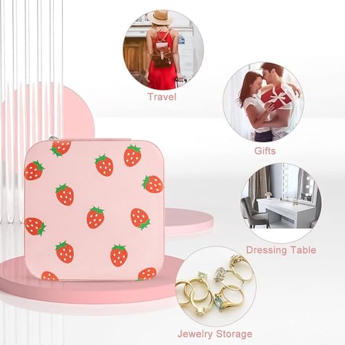 Strawberry Small Travel Jewelry Case with Mirror Portable Pink PU Leather Box Earrings Necklaces Rings Bracelets Storage Organizer Gift for Women And Girls