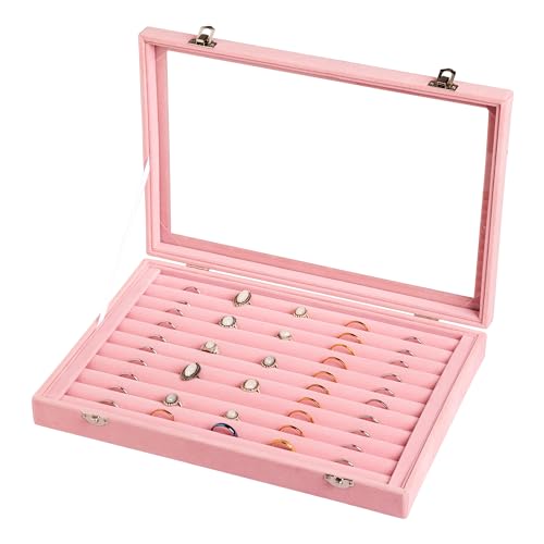 Frebeauty Rings/Earrings Organizer Tray with Clear Lid 10 Slots Velvet Drawer Insert Jewelry Storage box Transparent Glass lid Jewelry Display Case Showcase Gift for Girls Women (Pink, 10 Slots) - color: Pink, size: 10 Slots