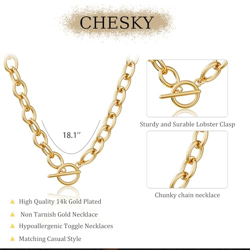 CHESKY 14K Gold Plated Chunky Necklace for Women, Trendy Paperclip Chain Necklace Thick Cross Heart Pendant Necklace Layered Herringbone Cuban Link Chain Toggle Necklaces Non Tarnish Jewelry - color: gold, style: paperclip