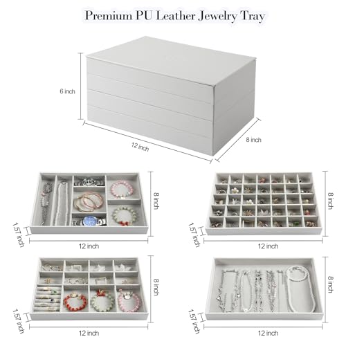 EZDeco Jewelry Organizer Tray with Lid,Extra Large Set of 4 Jewelry Trays for Drawers Stackable Jewelry Holder Inserts PU Leather Jewellery Storage for Ring Earring Necklace Bracelet for Mom(Grey)