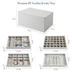EZDeco Jewelry Organizer Tray with Lid,Extra Large Set of 4 Jewelry Trays for Drawers Stackable Jewelry Holder Inserts PU Leather Jewellery Storage for Ring Earring Necklace Bracelet for Mom(Grey)