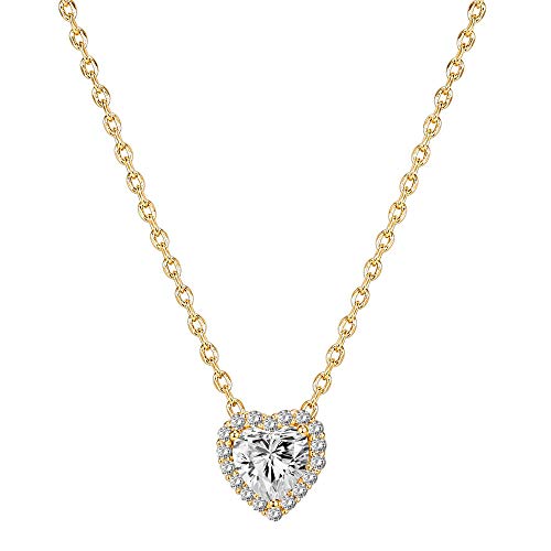 PAVOI 14K Gold Plated Post Faux Diamond Round Solitaire Pendant Halo Necklace | Gold Necklace for Women | Slider Adjustable - style: Heart