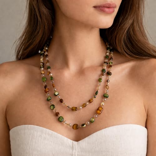 Long Boho Beaded Necklace for Women, Convertible Layered or Single Strand Necklace, Green Brown Irregular Stone Bead Necklace, Vintage Vacation Statement Jewelry