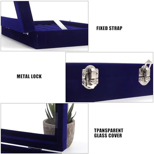 Coobbar 7-Row Royal Blue Ring & Earring Organizer, Transparent Lid Jewelry Box, Luxury Lockable Holder, 2-Pack Jewelry Tray Display for Shows, Countertop Storage Case