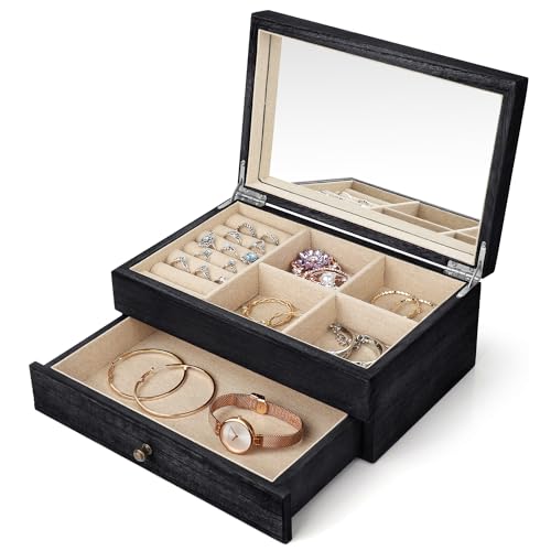 Meangood Jewelry Box Organizer for Women, 2 Layer Large Jewelry Storage Case, Rustic Wooden Jewelry Box with Mirror & Ring Tray for Necklace Earring Bracelets Rings, Vintage Style (Black) - color: 2 Layer Black, size: 2 Layer