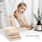 Jewelry Organizer Box, Jewelry Holder Organizer 3 Layers with 2 Drawers, Jewelry Boxes Display Earring Necklace Watch Bracelet and Rings - Glass Lid Apricot - color: A Glass Lid Apricot