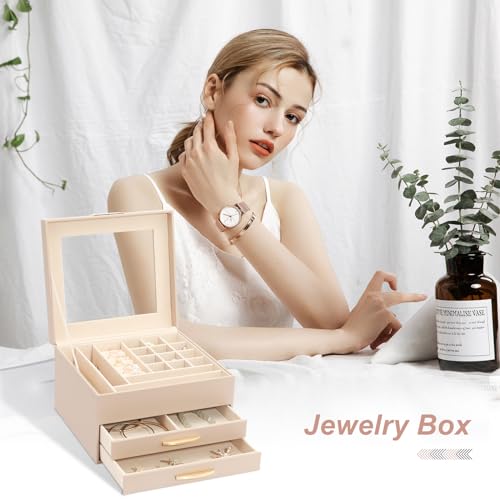 Jewelry Organizer Box, Jewelry Holder Organizer 3 Layers with 2 Drawers, Jewelry Boxes Display Earring Necklace Watch Bracelet and Rings - Glass Lid Apricot - color: A Glass Lid Apricot