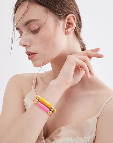 LALAPPLE Gold Plated Beaded Acrylic Bamboo Tube Bangle Bracelets for Women, Colorful Chunky Curved Tube With Gold Plated Pieces Beads Stretch Bracelet Friendship Summer Beach Jewelry - color: P-Orange&Watermelon red 2pcs