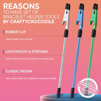 CraftyCrocodile Set of 3 Bracelet Helper Tool - Fastener Tool for Bracelet, Necklace, Jewelry, Watch - Сlip, Clasp Helper - Easy to Put on Yourself, Portable, Made of Metal, Silver, Blue, Emerald - color: Silver, Blue, Emerald