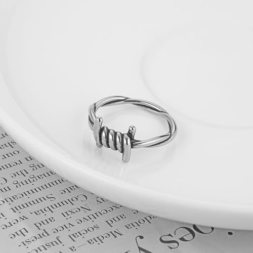 HZMAN Silver Stainless Steel Barbed Wire Wrap Ring for Men Women, Hypoallergenic Non-Tarnish Adjustable Industrial Punk Ring for Daily Wear & Gift Size 7-12