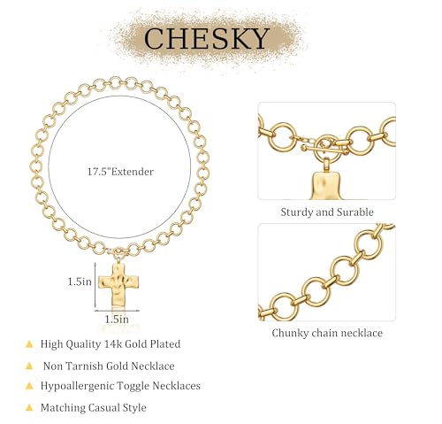 CHESKY 14K Gold Plated Chunky Necklace for Women, Trendy Paperclip Chain Necklace Thick Cross Heart Pendant Necklace Layered Herringbone Cuban Link Chain Toggle Necklaces Non Tarnish Jewelry - color: gold, style: cross