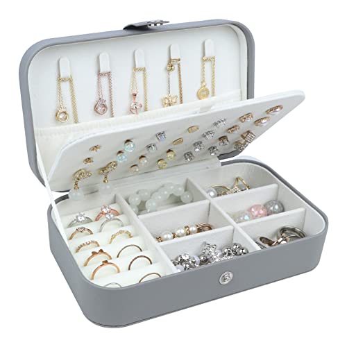 SLOZO Travel Jewelry Box,Upgraded Travel Jewelry Case,Portable Jewelry Boxes for Women,PU Leather Jewelry Box,Travel Jewelry Organizer for Necklaces,Rings,Earrings,Bracelets,Black - color: L-Grey
