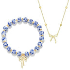 Bow Bracelet Necklace Set 14K Gold Beaded Bracelet Dainty Bow Pendant Choker Jewelry Gift Set - color: Blue 2