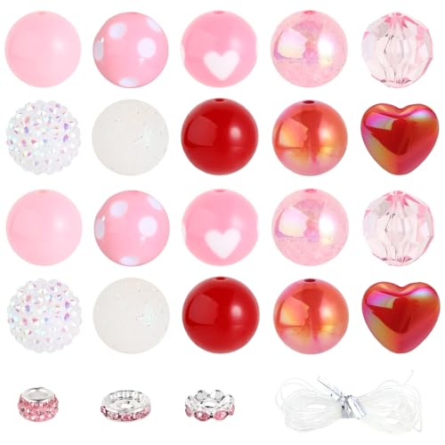 35 Pcs 20mm Chunky Bubblegum Beads Focal Pen Large Rhinestone Pearl Bead with Rhinestone Large Hole European Spacer Beads for DIY Beadable Pen Keychain Jewelry Craft Making(Pink Heart) - color: Pink Heart