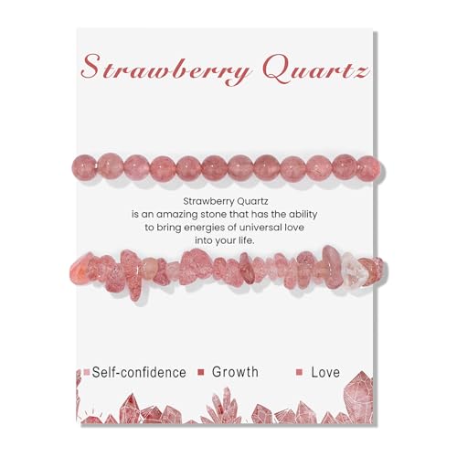 Healing Crystal Bracelets for Women 2 PCS 6mm Natural Stone Bracelet Stretch Crystal Beaded Bracelets Handmade Gemstone Bracelet Jewelry Gifts Christmas Gifts for Women Girls - style: strawberry quartz