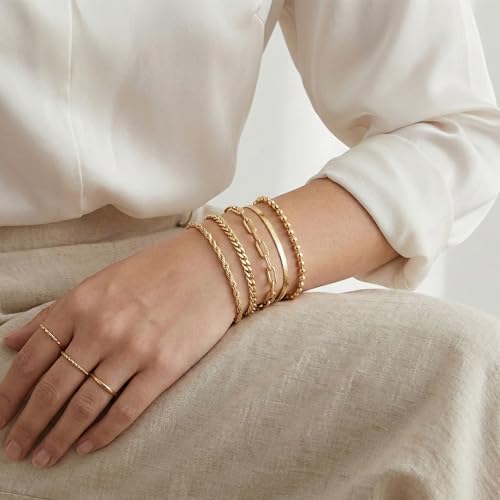 Gold Bracelets Set for Women Stack, Chunky Thick Bracelets Stack for Women Trendy, Simple Dainty Thin Gold Plated Cuff Stackable Bracelets With Beaded Cuban Paperclip Snake Rope Bangle Hand Chain Jewelry - style: Style 06-gold