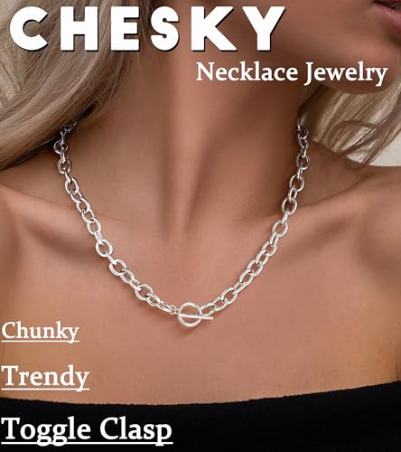 CHESKY 14K Gold Plated Chunky Necklace for Women, Trendy Paperclip Chain Necklace Thick Cross Heart Pendant Necklace Layered Herringbone Cuban Link Chain Toggle Necklaces Non Tarnish Jewelry - color: silver, style: paperclip