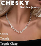 CHESKY 14K Gold Plated Chunky Necklace for Women, Trendy Paperclip Chain Necklace Thick Cross Heart Pendant Necklace Layered Herringbone Cuban Link Chain Toggle Necklaces Non Tarnish Jewelry - color: silver, style: paperclip