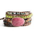 YGLINE Women Boho Handmade Natural Stone Crystal Leather Bead Wrap Bracelets Collection - color: Rhodochrosite-5w