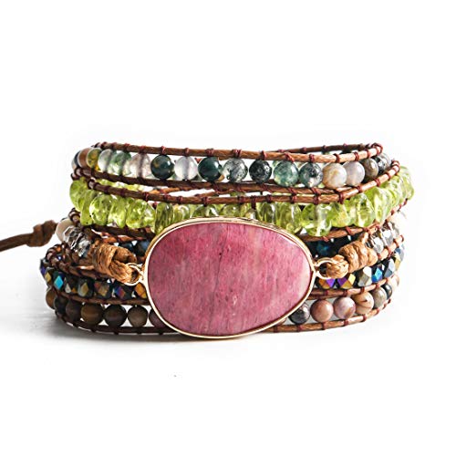 YGLINE Women Boho Handmade Natural Stone Crystal Leather Bead Wrap Bracelets Collection - color: Rhodochrosite-5w