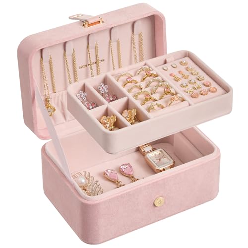 SONGMICS Jewelry Organizer Box, Travel Jewelry Case, 2-Layer Travel Case for Earrings, Necklaces, Bracelets - Portable Jewelry Storage with Large Capacity, Gift Idea, Jelly Pink UJBC166R02 - color: Jelly Pink