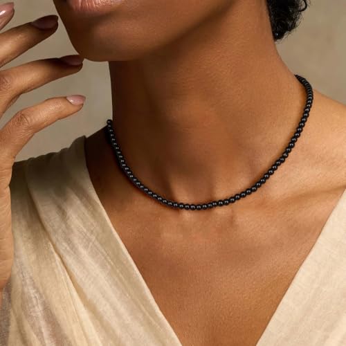 Crystal Choker Necklaces for Women,4mm Handmade Natural Stone Choker Beaded Necklace Healing Crystal Necklace Gemstone Bead Necklaces for Women - color: Black Obsidian