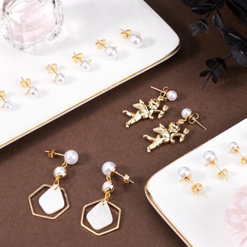 1 Box 120Pcs Hypoallergenic Pearl Earring Posts Pearl Earring Stud Findings with Loop Butterfly Back and Imitation Beads Gold Ear Studs Finding for Jewelry Making DIY Crafts Supplies Women - color: Light Gold