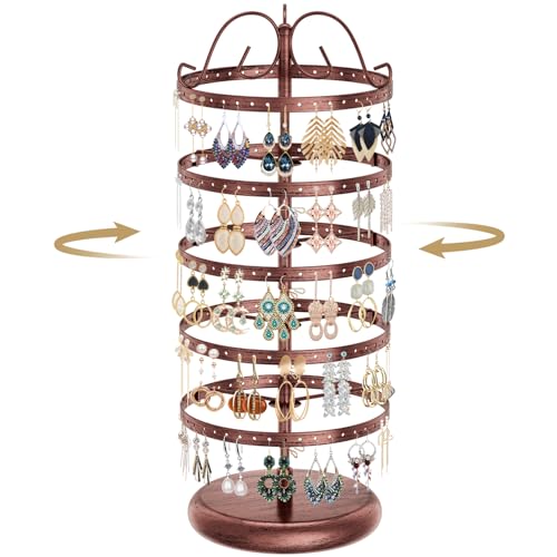 LASZOLA 5 Tier Bronze Earring Holder Organizer Tree Women Display Storage for Stud and Hoop, Large Cool Rotating Clip Stand for Pierced and Dangle Earring, Vertical Metal Tower Carousel with 220 Holes - color: Brown, size: 5 Tier, 220 Holes