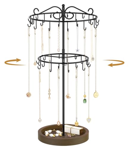 MODOWEY Necklace Holder Organizer Rotating Display, 42 Hooks Adjustable Tree Stand for Long Chain, 2 Tier Tabletop Metal Rack with Wooden Tray for Women, No More Tangled Pendant Jewelry, Black+Brown - color: Black+Brown