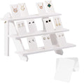 51pcs Wood Tiered Earring Display Stand, 3-Tier White Retail Jewelry Card Display With Groove + 50 Earring Cards, Portable Ring Organizer Holder, Showcase Racks for Business - color: White