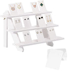 51pcs Wood Tiered Earring Display Stand, 3-Tier White Retail Jewelry Card Display With Groove + 50 Earring Cards, Portable Ring Organizer Holder, Showcase Racks for Business - color: White