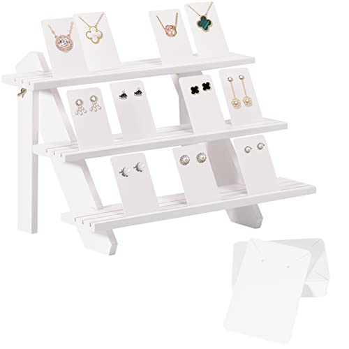 51pcs Wood Tiered Earring Display Stand, 3-Tier White Retail Jewelry Card Display With Groove + 50 Earring Cards, Portable Ring Organizer Holder, Showcase Racks for Business - color: White