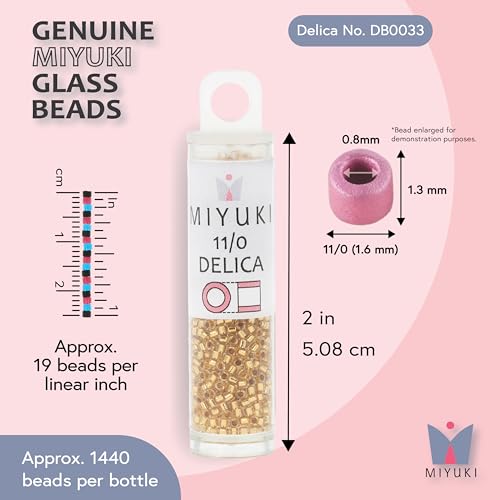 Miyuki Delica Seed Beads – Size 11/0 (1.6 mm), DB0033, Gold-Lined 24K, 7.2 g, Approx. 1440 Beads, Made in Japan - color: DB0033 - Gold-Lined 24K