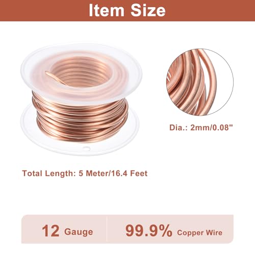 uxcell Soft Copper Wire (12 Gauge, 16.4 FT), 99.9% Pure Bare Copper Wire 2mm Solid Craft Wire for DIY Crafting Gardening Decoration (5Meter) - size: 12 Gauge x 16.4 FT