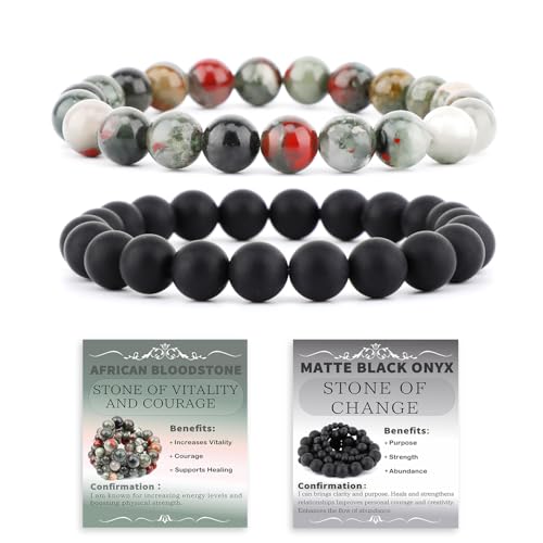 NCB 2.3-Piece 4mm Natural Crystal Gemstone Stretch Bracelets – Handmade Reiki Energy Healing Jewelry for Meditation,Yoga, Unisex - color: 2PCS ( African Bloodstone+Matte Black Agate ), size: 8mm