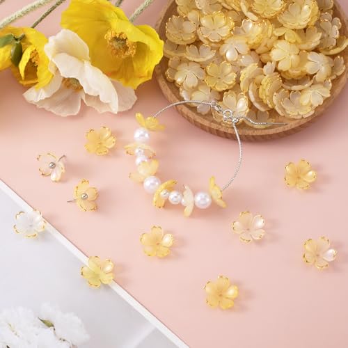 100pcs Cherry Blossom Beads, 5-Petal Yellow Gradient Acrylic Flower Beads, Mini Spacer Hair Accessories Halloween Christmas for Bracelets Earring Jewelry Making - color: Yellow