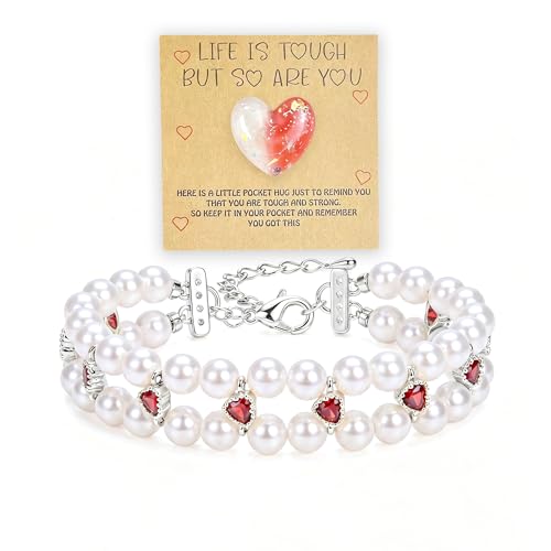 Double Layer Pearl Heart Bracelets for Women, Cubic Zirconia Charm Jewelry, Adjustable Gold Silver Stackable Bracelet Jewelry Set Birthday Gift for Mom Daughter Wife - color: Silver-Red