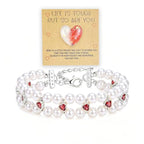 Double Layer Pearl Heart Bracelets for Women, Cubic Zirconia Charm Jewelry, Adjustable Gold Silver Stackable Bracelet Jewelry Set Birthday Gift for Mom Daughter Wife - color: Silver-Red