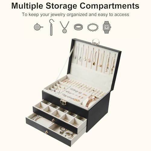 3 Layer Jewelry Box with Lock, Women Large Jewelry Holder Organizer with Drawer for Necklaces, Rings, Bracelets, Earrings, Watches, Valentines Gift for Mom Girl Wife (Black) - color: Black