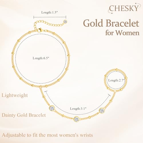 CHESKY 14K Gold Plated Hand Chain Bracelets for Women Set - Dainty Finger Ring Bracelet Stack Adjustable Hand Chains Durable Beaded Bracelets Trendy Simple Body Jewelry Gift for Women - style: 1CZ bracelet-gd