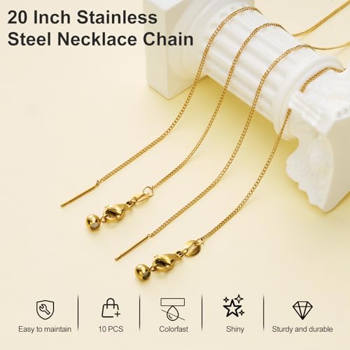 Crisjanggo 10 Pack Gold Plated Cable Chain for Jewelry Making Stainless Steel Chain Bulk 20 Inch Adjustable Necklace with Rubber Stopper Beads for Women - color: Gold Cable