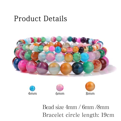 3 PCS Healing Crystal Bracelets for Women 8mm Natural Stone Beaded Stretch Bracelet Amethyst Jewelry Gifts - color: 4,6,8mm colorful agate