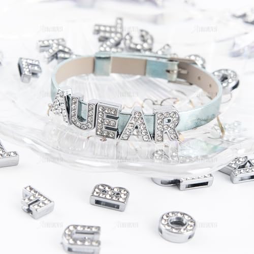 AUEAR, 52 Pack Silver A-Z 8mm Full Rhinestone Slide Crystal Alphabet Alloy Letter Charm for Bracelets Necklace Wristbands DIY Jewelry Making - color: Silver, size: 52 Pack