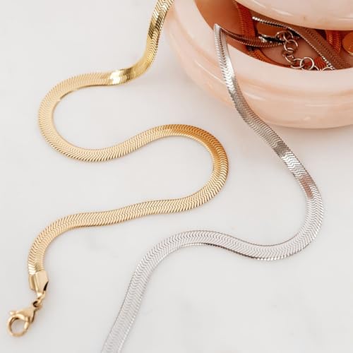 CHESKY Gold Necklace for Women-14K Plated/S925 sterling silver Snake Chain Necklace Dainty Simple Chunky Herringbone Necklace Gold Choker Necklaces Jewelry for Women Mothers Day Gifts for Mom - color: silver, style: 5mm 16.5 inch snake