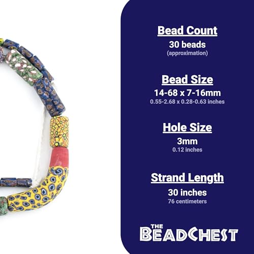 The Bead Chest Venetian-Inspired Millefiori Trade Beads 12mm Indonesia Multicolor Cylinder Glass Large Hole 30 Inch Strand