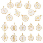 Craftdady Golden Plated Enamel Pendants White Oval Flat Round Dangle Charms for DIY Earrings Necklace Bracelet Making - color: Golden Virgin Mary-5 Styles
